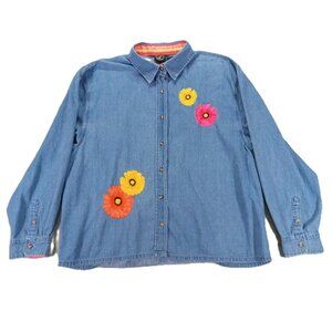 Lighthouse Apparel Denim Button Up Women XXL 2XL Floral Embroidered Artsy Top